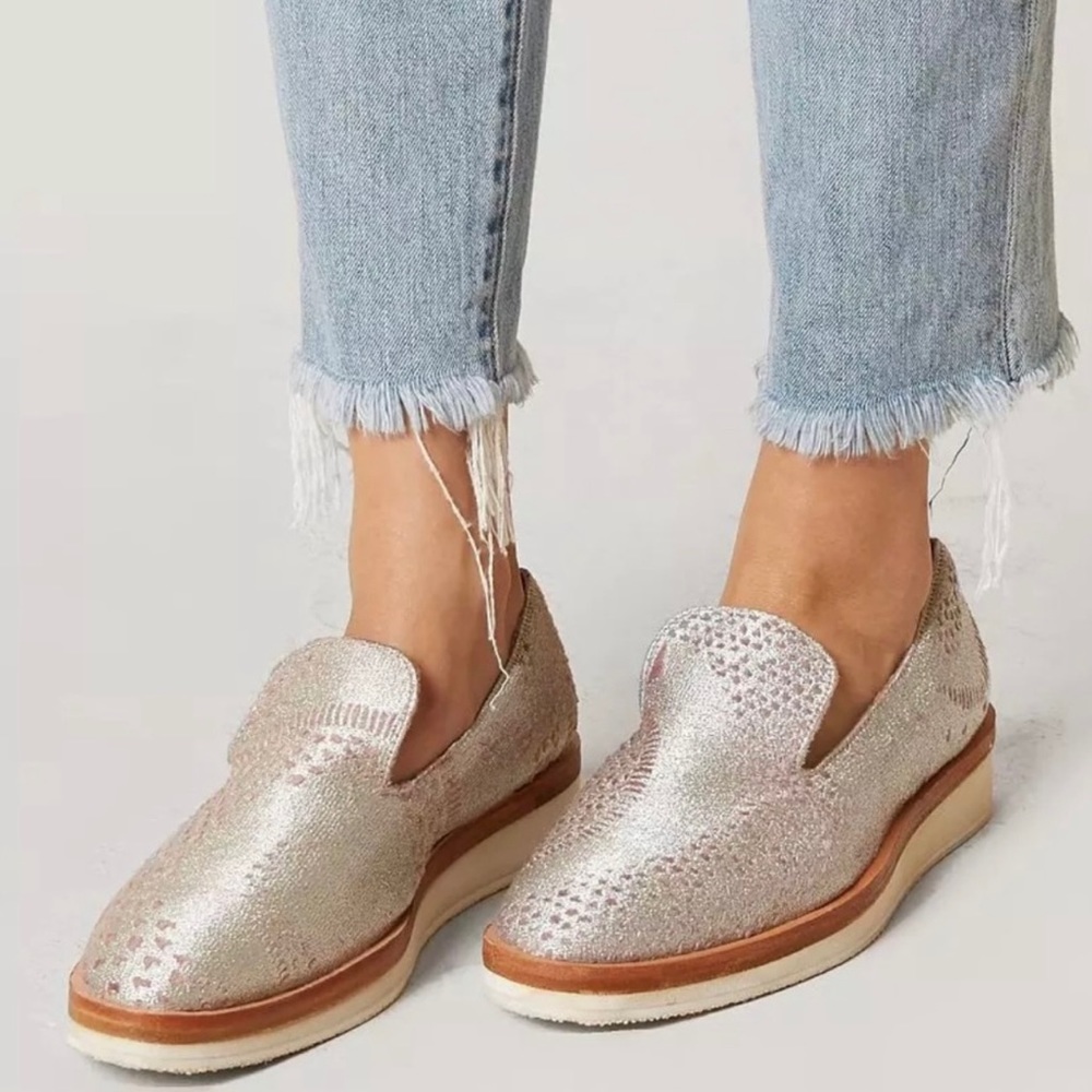Free People Metallic Silver Pink Velvet Slip On Chunky Loafers